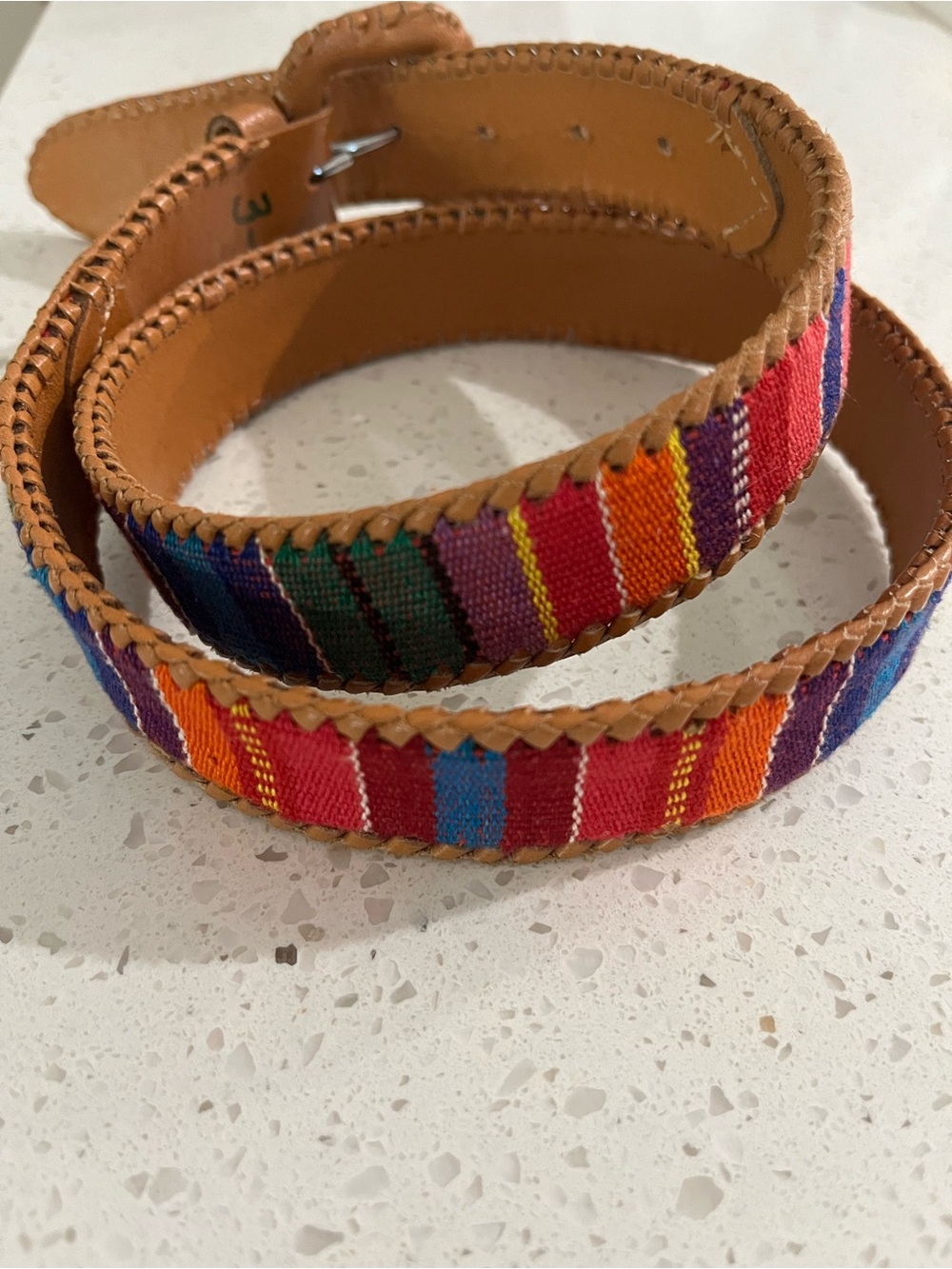 Tan Leather Belt with Multicolor Woven Stripe Accent